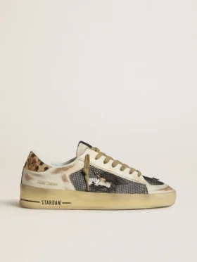 Damen-Stardan aus Nappa und Mesh mit Fersenlasche aus Ponyfell mit Leopardenmuster