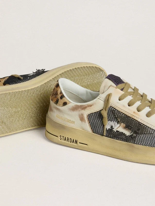 Damen-Stardan aus Nappa und Mesh mit Fersenlasche aus Ponyfell mit Leopardenmuster