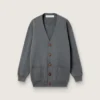 Damen-Strickjacke aus meliertem grauen Baumwollstoff mit Logo auf der Rückseite