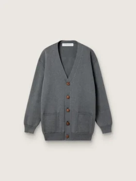 Damen-Strickjacke aus meliertem grauen Baumwollstoff mit Logo auf der Rückseite