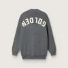 Damen-Strickjacke aus meliertem grauen Baumwollstoff mit Logo auf der Rückseite