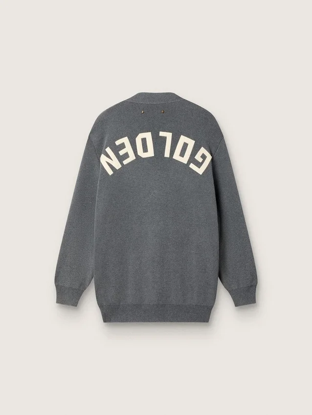 Damen-Strickjacke aus meliertem grauen Baumwollstoff mit Logo auf der Rückseite