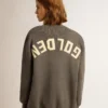 Damen-Strickjacke aus meliertem grauen Baumwollstoff mit Logo auf der Rückseite