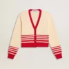 Damen-Strickjacke in Creme mit roten Streifen