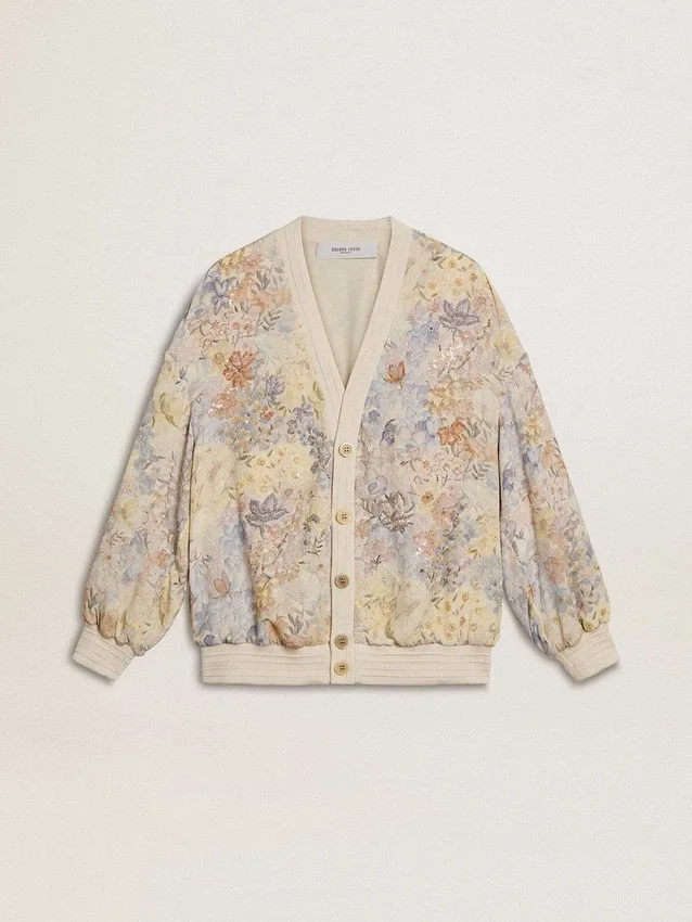 Damen-Strickjacke mit Blumenprint und Stickerei