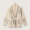 Damen-Strickjacke mit Gürtel aus beigem Wollgemisch mit Kontraststickerei