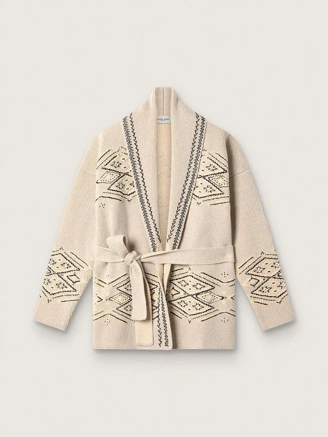 Damen-Strickjacke mit Gürtel aus beigem Wollgemisch mit Kontraststickerei