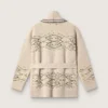 Damen-Strickjacke mit Gürtel aus beigem Wollgemisch mit Kontraststickerei