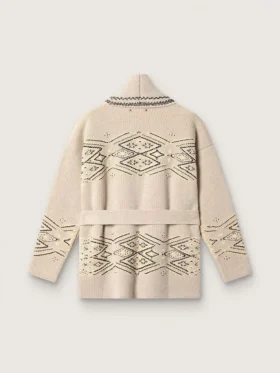 Damen-Strickjacke mit Gürtel aus beigem Wollgemisch mit Kontraststickerei