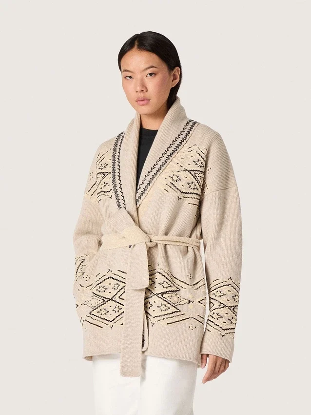 Damen-Strickjacke mit Gürtel aus beigem Wollgemisch mit Kontraststickerei