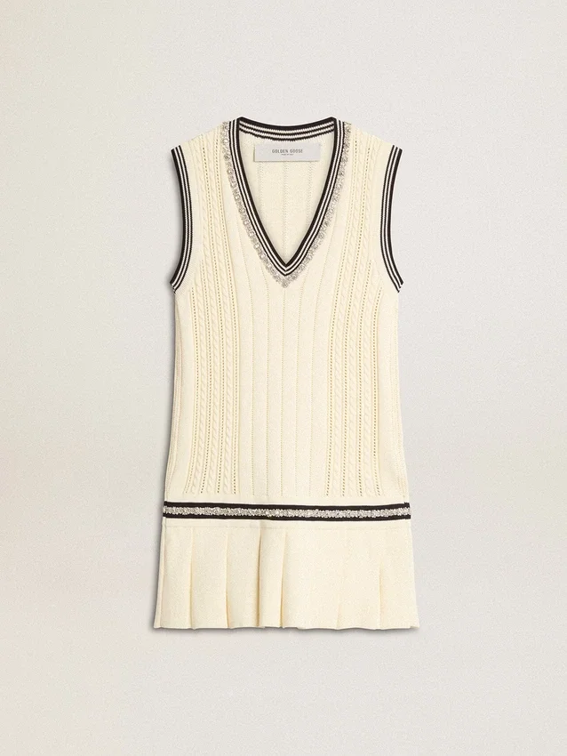 Damen-Westenkleid aus gewaschener weißer Baumwolle mit dunkelblauen Rippbündchen und Kristallen