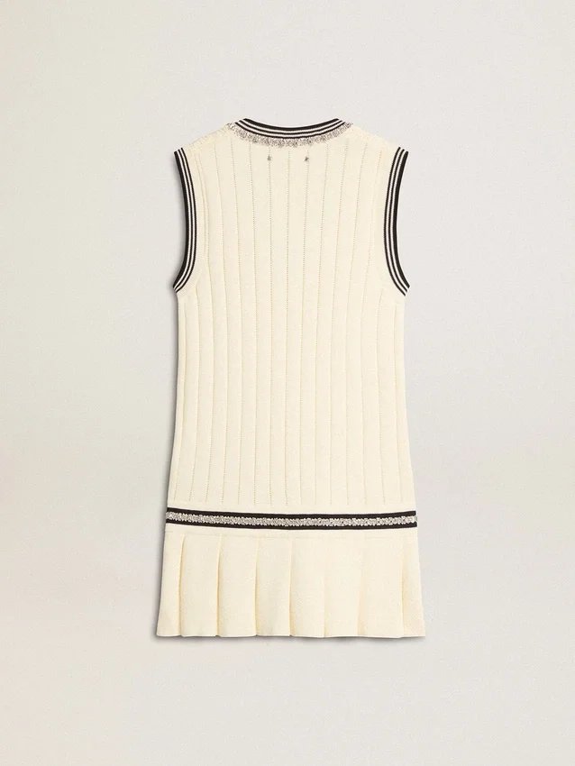Damen-Westenkleid aus gewaschener weißer Baumwolle mit dunkelblauen Rippbündchen und Kristallen