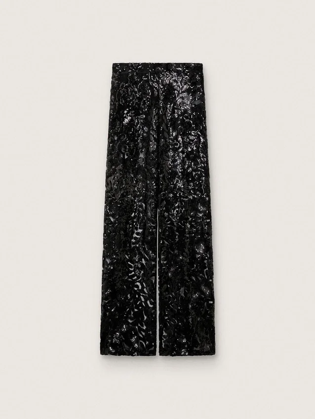 Damenhose aus Tüll mit Blumenstickerei aus schwarzen Pailletten