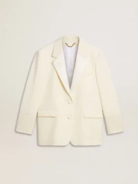 Einfädige Oversize-Jacke in Weiß mit Seidenoptik und Stickerei