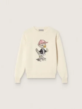 Goldfarbener Mädchenpullover aus weißem Baumwollgarn mit Maskottchen-Stickerei