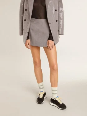 Graue Mini-Shorts für Damen aus Wolle mit Hahnentrittmuster