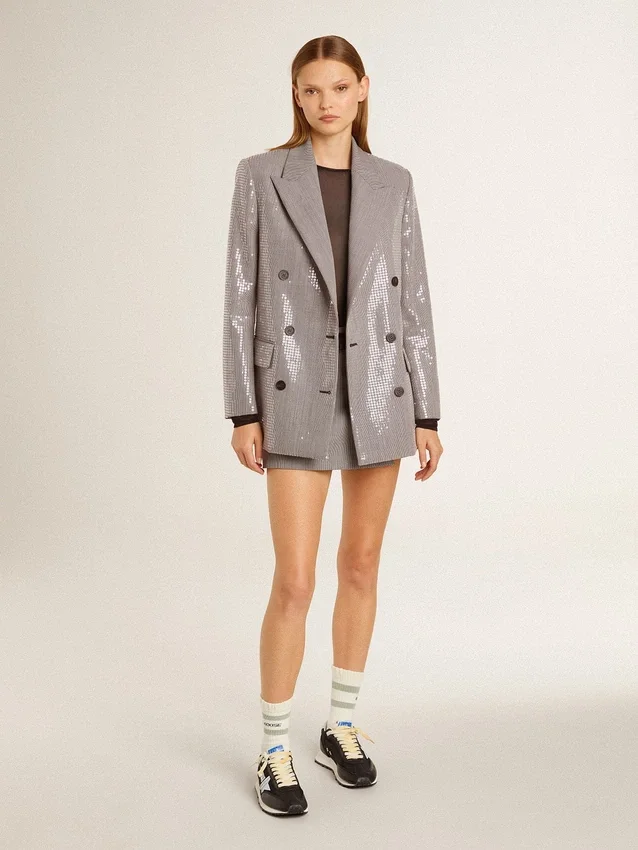 Graue Mini-Shorts für Damen aus Wolle mit Hahnentrittmuster
