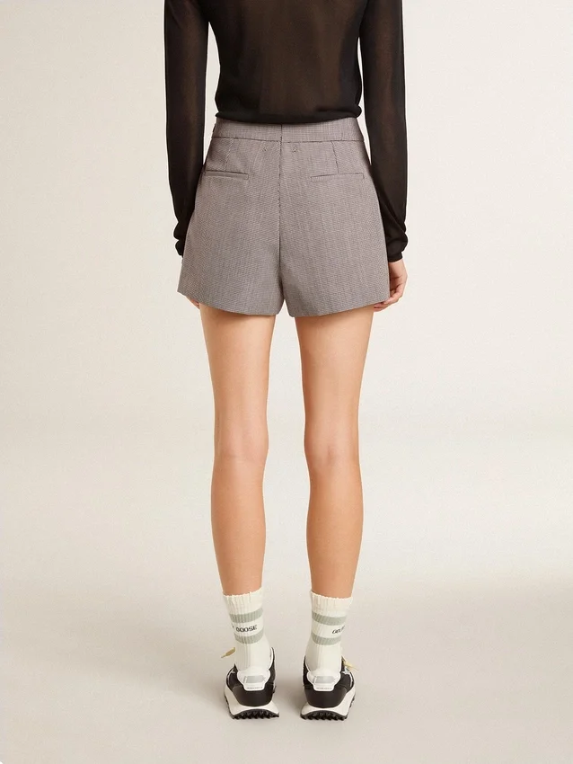 Graue Mini-Shorts für Damen aus Wolle mit Hahnentrittmuster