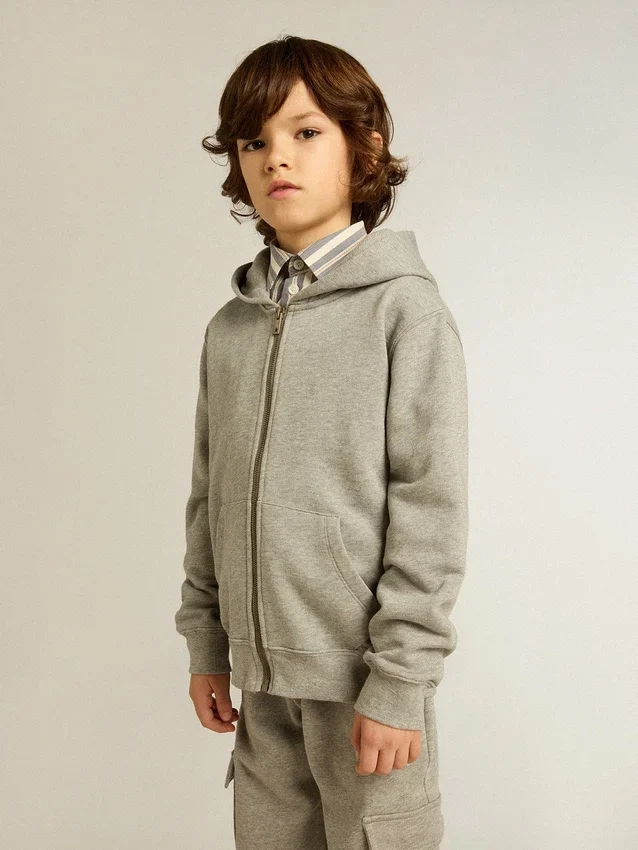 Graues Melange-Kapuzensweatshirt mit Aufdruck auf der Rückseite