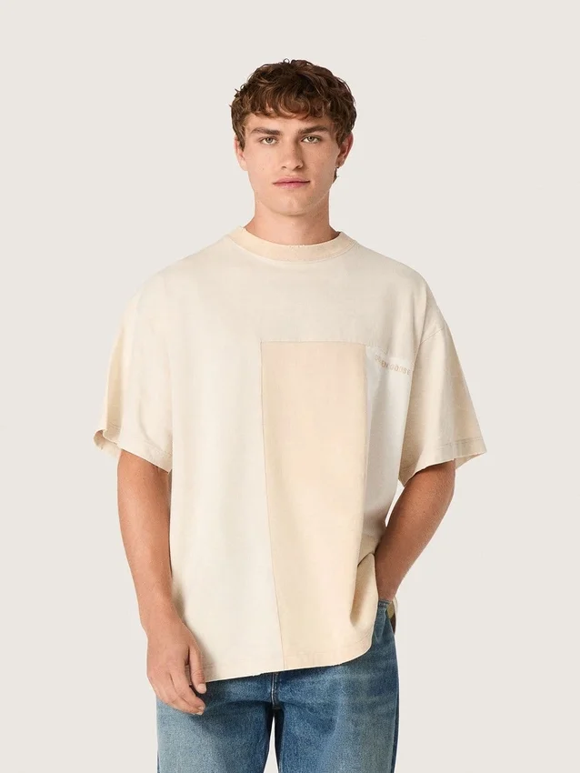 Herren-Hemd aus Baumwolljersey mit weiß-beigem Patchwork-Effekt