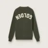 Herren-Pullover in Militärgrün mit Rundhalsausschnitt und „Golden“-Schriftzug auf der Rückseite