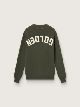 Herren-Pullover in Militärgrün mit Rundhalsausschnitt und „Golden“-Schriftzug auf der Rückseite