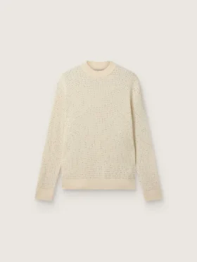 Herren-Pullover mit Rundhalsausschnitt aus weißer Merinowolle mit durchgehenden Kristallen