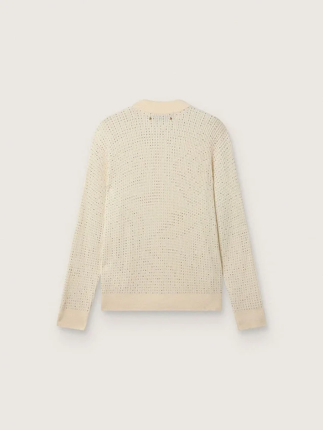 Herren-Pullover mit Rundhalsausschnitt aus weißer Merinowolle mit durchgehenden Kristallen