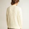 Herren-Pullover mit Rundhalsausschnitt aus weißer Merinowolle mit durchgehenden Kristallen