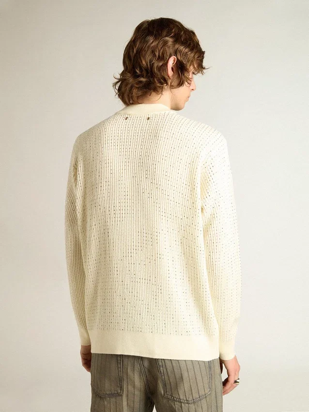 Herren-Pullover mit Rundhalsausschnitt aus weißer Merinowolle mit durchgehenden Kristallen