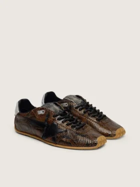 Herren-Sneaker „Marathon Speed“ aus Leder mit braunem Schlangenprint, schwarzem Stern und silberner Fersenlasche aus Leder