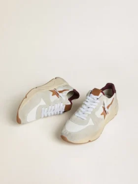Herren-Sneaker mit Running Sole aus Nylon und Wildleder, mit braunem Lederstern und burgunderroter Lederlasche an der Ferse