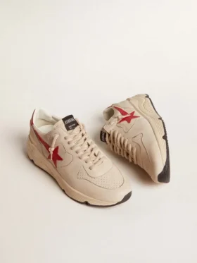 Herren-Sneaker „Running Sole“ aus grauem „Morn“-Nappaleder mit rotem Nappaleder-Stern und Fersenlasche