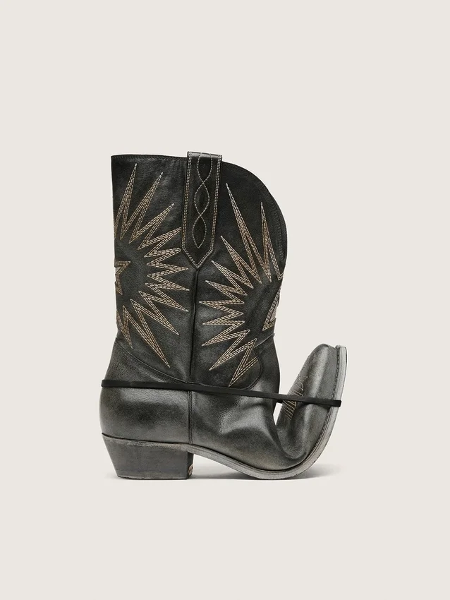 Herren-Stiefel „Wish Star“ aus schwarzem Leder mit silbernem Stern