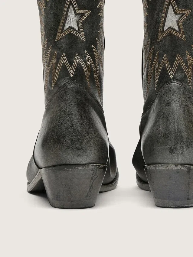 Herren-Stiefel „Wish Star“ aus schwarzem Leder mit silbernem Stern
