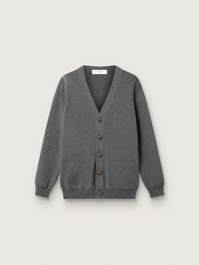 Herren-Strickjacke aus melierter grauer Baumwolle mit Logo auf der Rückseite