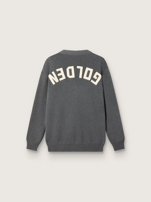 Herren-Strickjacke aus melierter grauer Baumwolle mit Logo auf der Rückseite