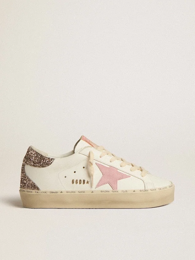 Hi Star aus weißem Leder mit rosa Wildlederstern und rosa Glitzer-Fersenlasche