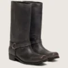 Hohe Damen-Biker-Stiefel aus schwarzem Leder mit Riemen und silberfarbener Schnalle