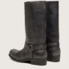 Hohe Damen-Biker-Stiefel aus schwarzem Leder mit Riemen und silberfarbener Schnalle