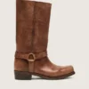 Hohe Damen-Bikerstiefel aus braunem Leder mit Riemen und antik-goldfarbener Schnalle