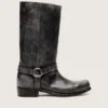 Hohe Herren-Bikerstiefel aus schwarzem Leder mit Riemen und silberfarbener Schnalle
