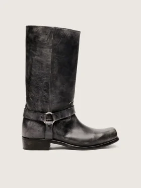 Hohe Herren-Bikerstiefel aus schwarzem Leder mit Riemen und silberfarbener Schnalle
