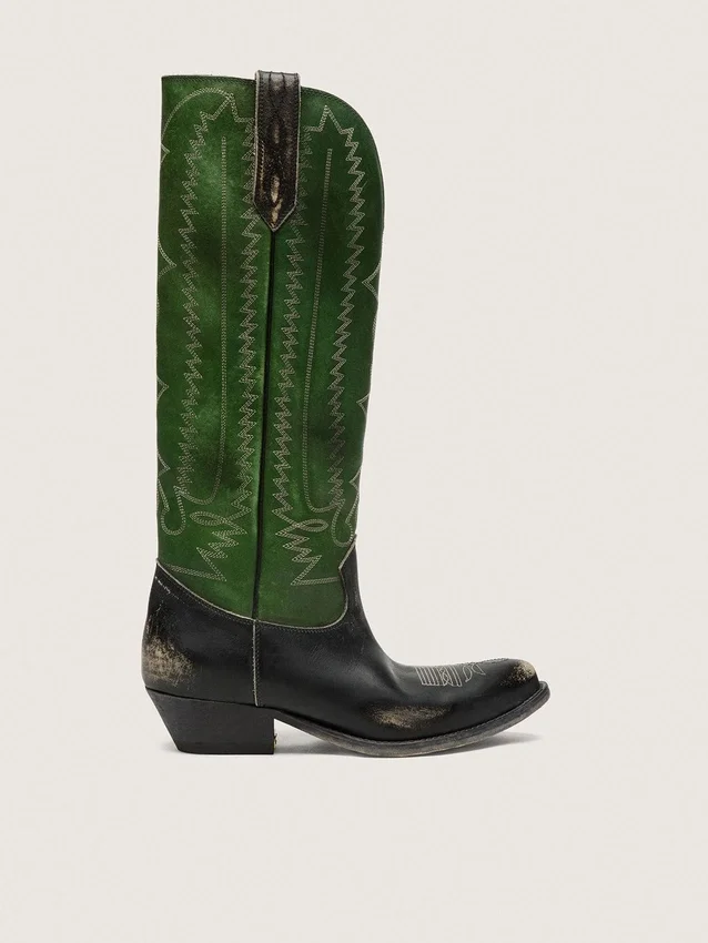 Hohe „Wish Star“-Damenstiefel aus schwarzem Leder mit grünem Lederschaft und weißer Stickerei