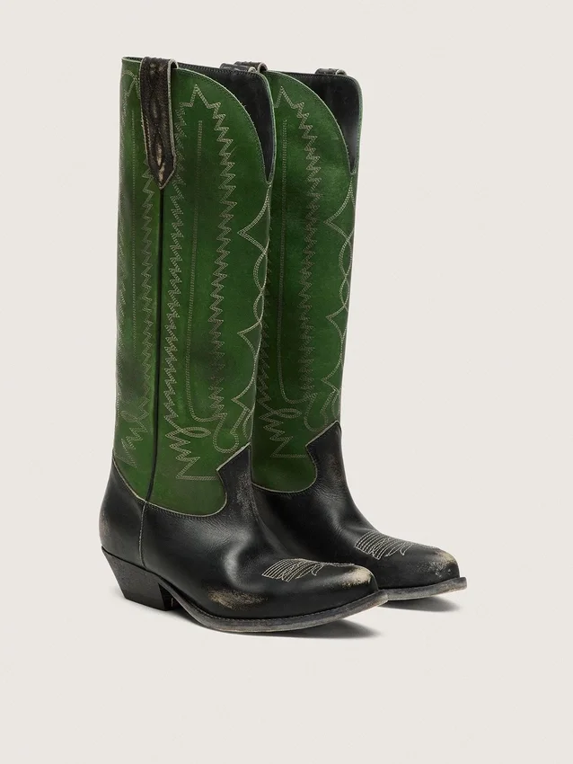 Hohe „Wish Star“-Damenstiefel aus schwarzem Leder mit grünem Lederschaft und weißer Stickerei