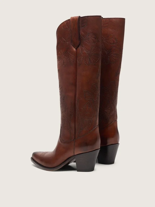 Hohe „Wish Star“-Stiefel für Damen aus braunem Leder mit Blumenstickerei