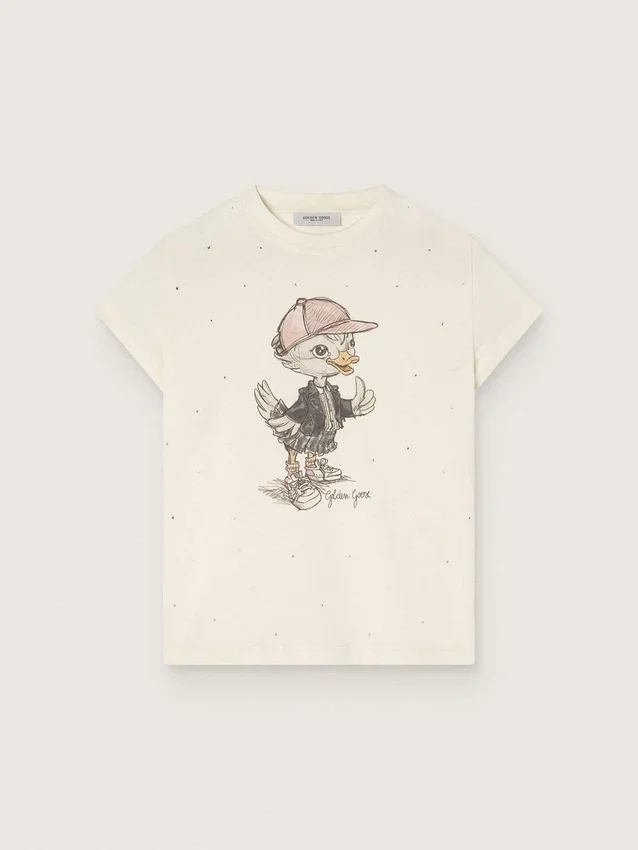 „Journey“-Hemd für Mädchen aus weißem Baumwolljersey mit digitalem Maskottchen-Print und Kristallapplikationen