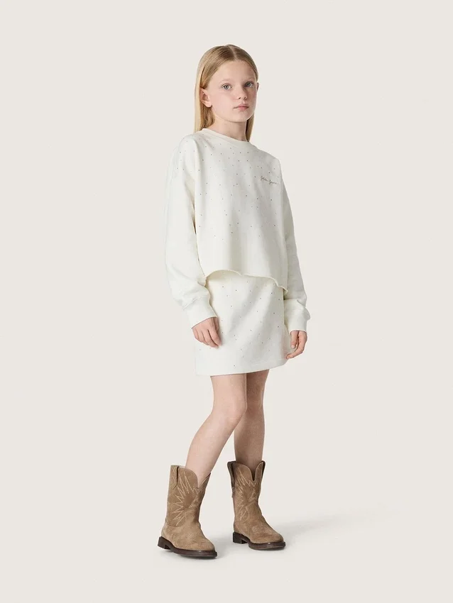 „Journey“-Mädchen-Sweatshirt aus weißer Baumwolle mit Kristallen und Logo