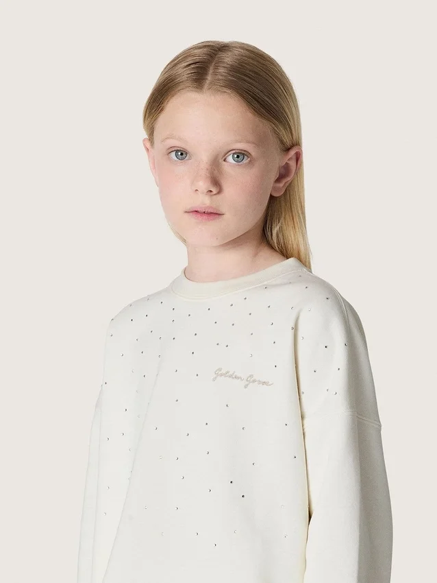 „Journey“-Mädchen-Sweatshirt aus weißer Baumwolle mit Kristallen und Logo