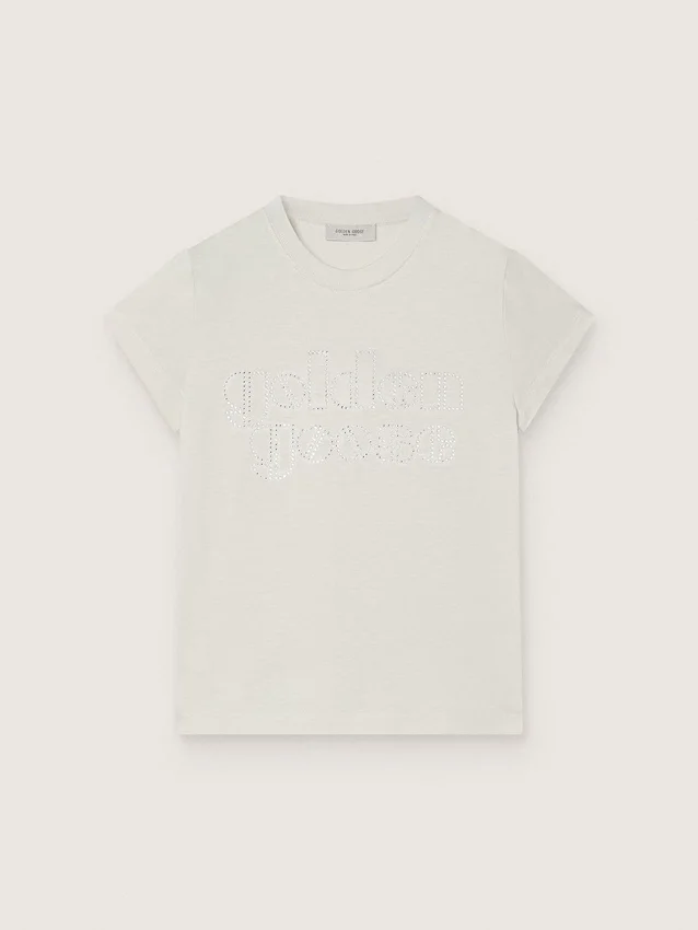 „Journey“-Mädchen-T-Shirt aus weißem Baumwolljersey mit silbernen Nieten
